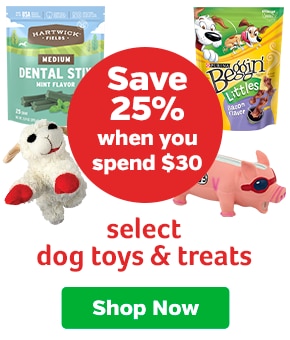 Save 25% when you spend $30 on select dog toys & treats