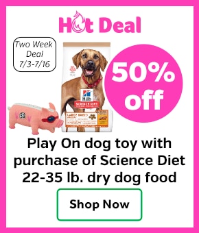 50% off Play On dog toy with purchase of Science Diet 22-35 lb. dry dog food. 
